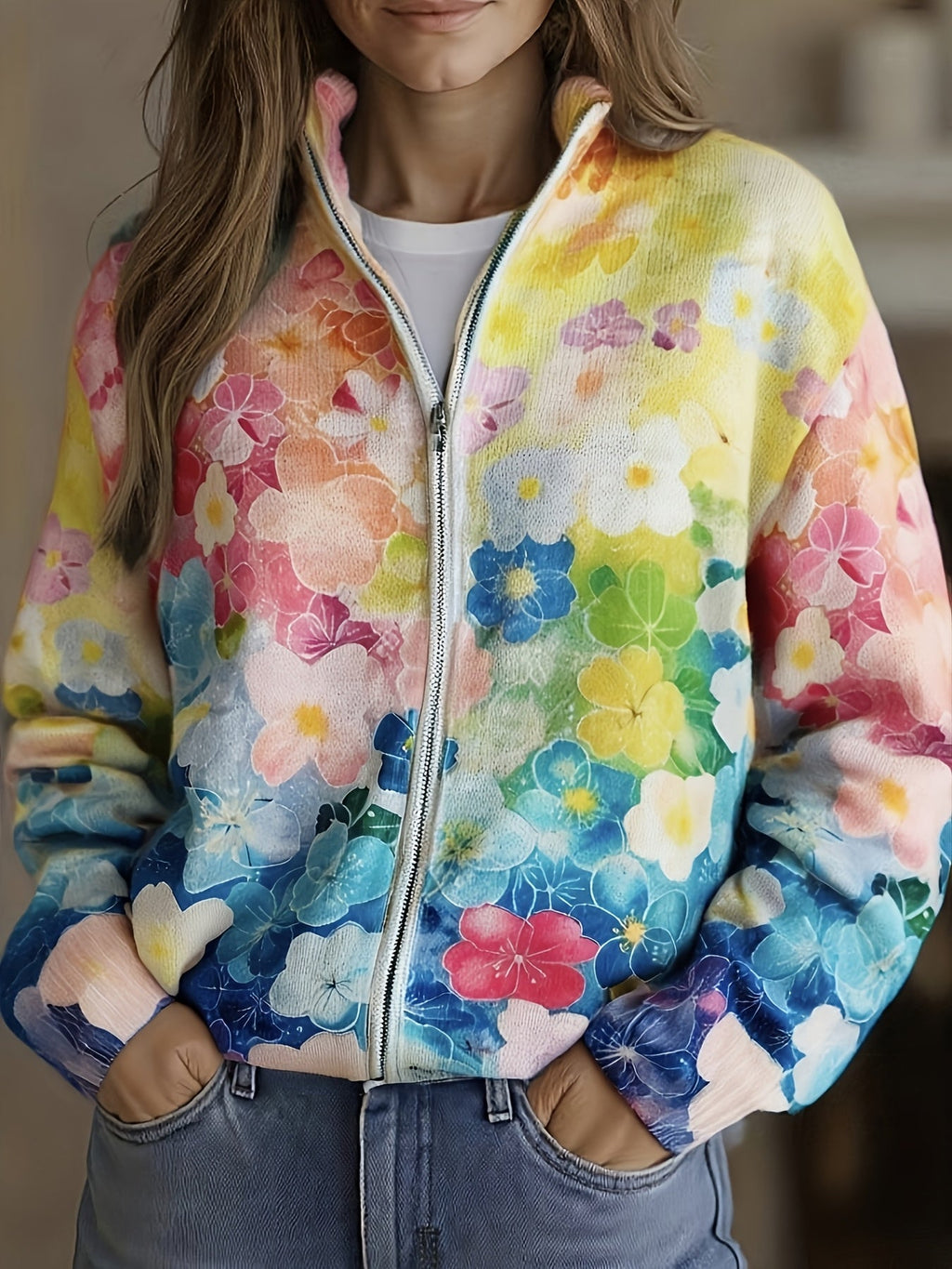 Tabitha - Ombré Watercolour Floral Zip-Up Cardigan