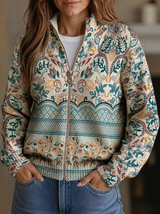 Greta - Vintage Botanical Zip-Up Cardigan