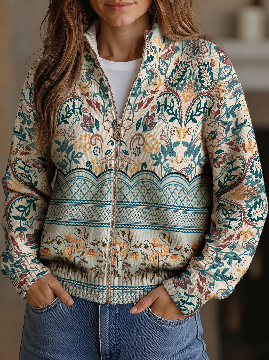 Greta - Vintage Botanical Zip-Up Cardigan