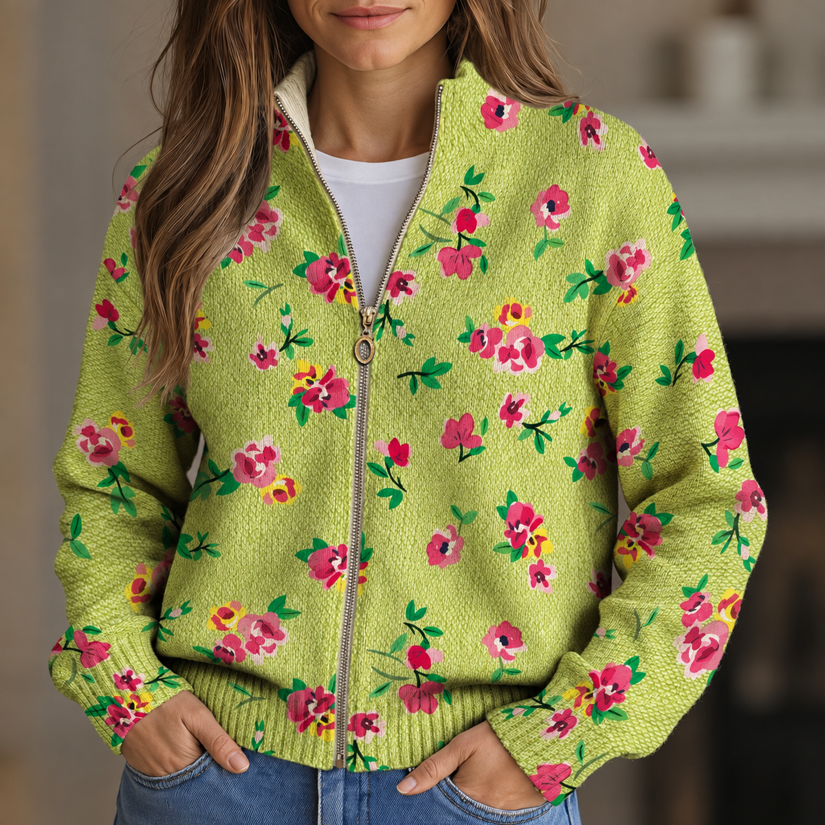 Paige - Lime and Pink Floral Zip-Up Cardigan