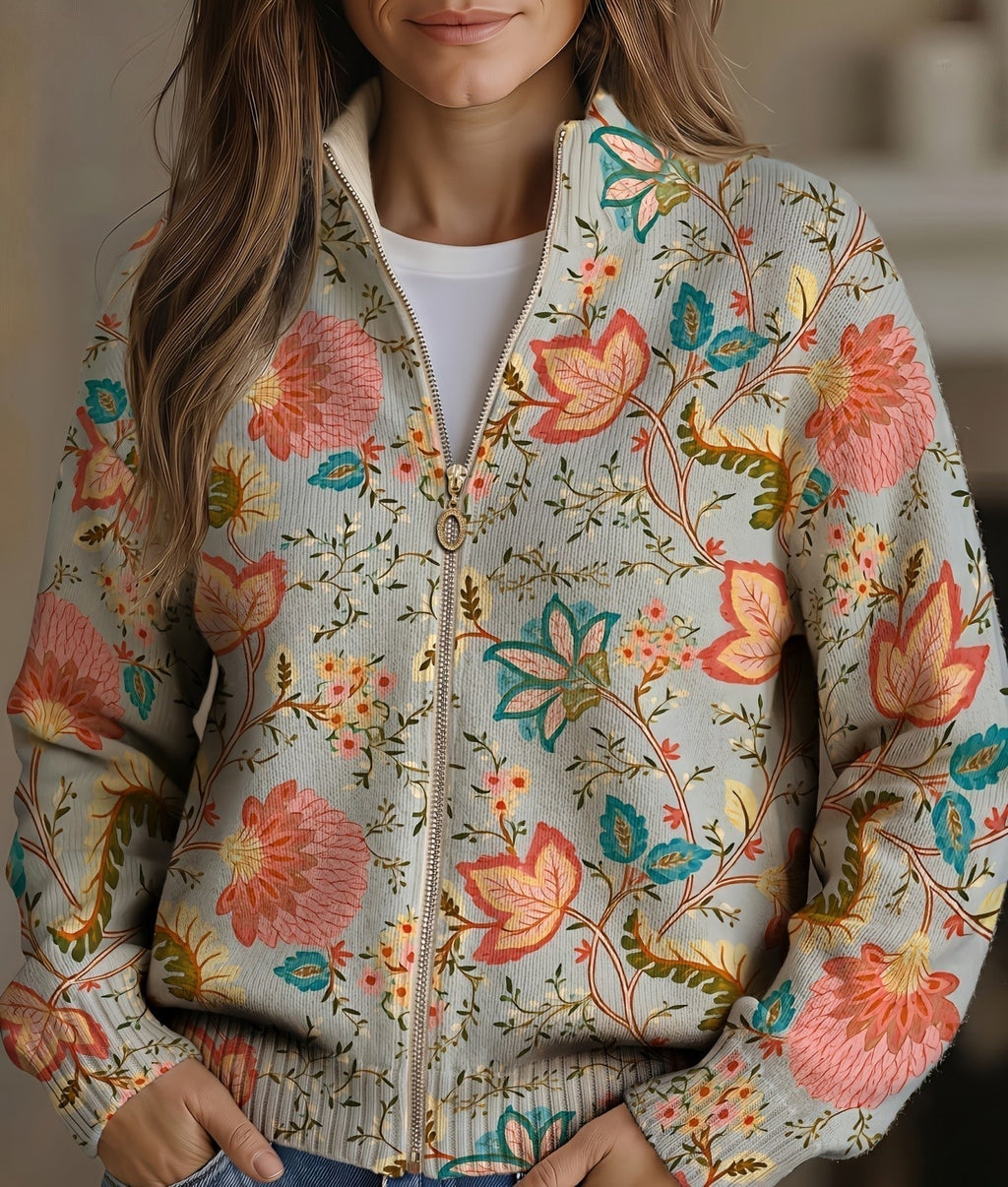 Shirley - Vintage Garden Floral Zip-Up Cardigan