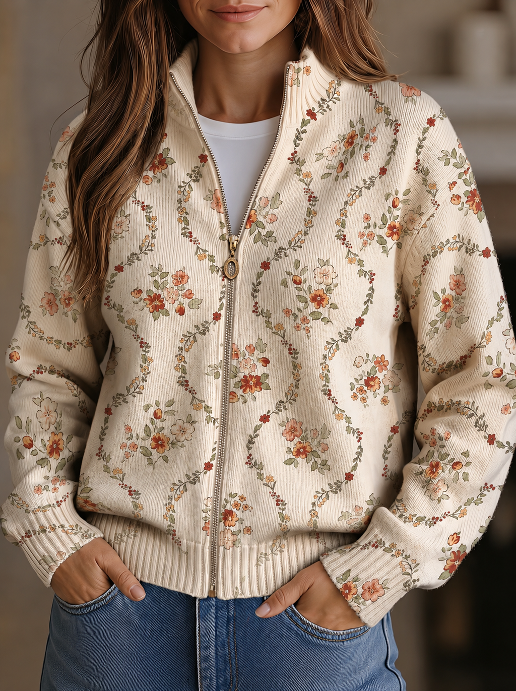 Joyce - Cream Floral Zip-Up Cardigan