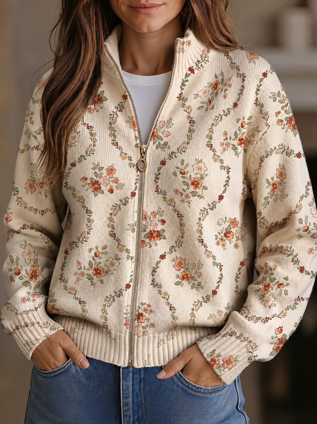 Joyce - Cream Floral Zip-Up Cardigan