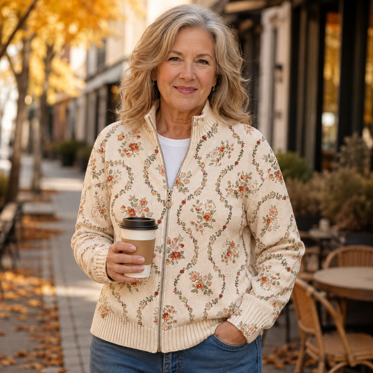 Joyce - Cream Floral Zip-Up Cardigan