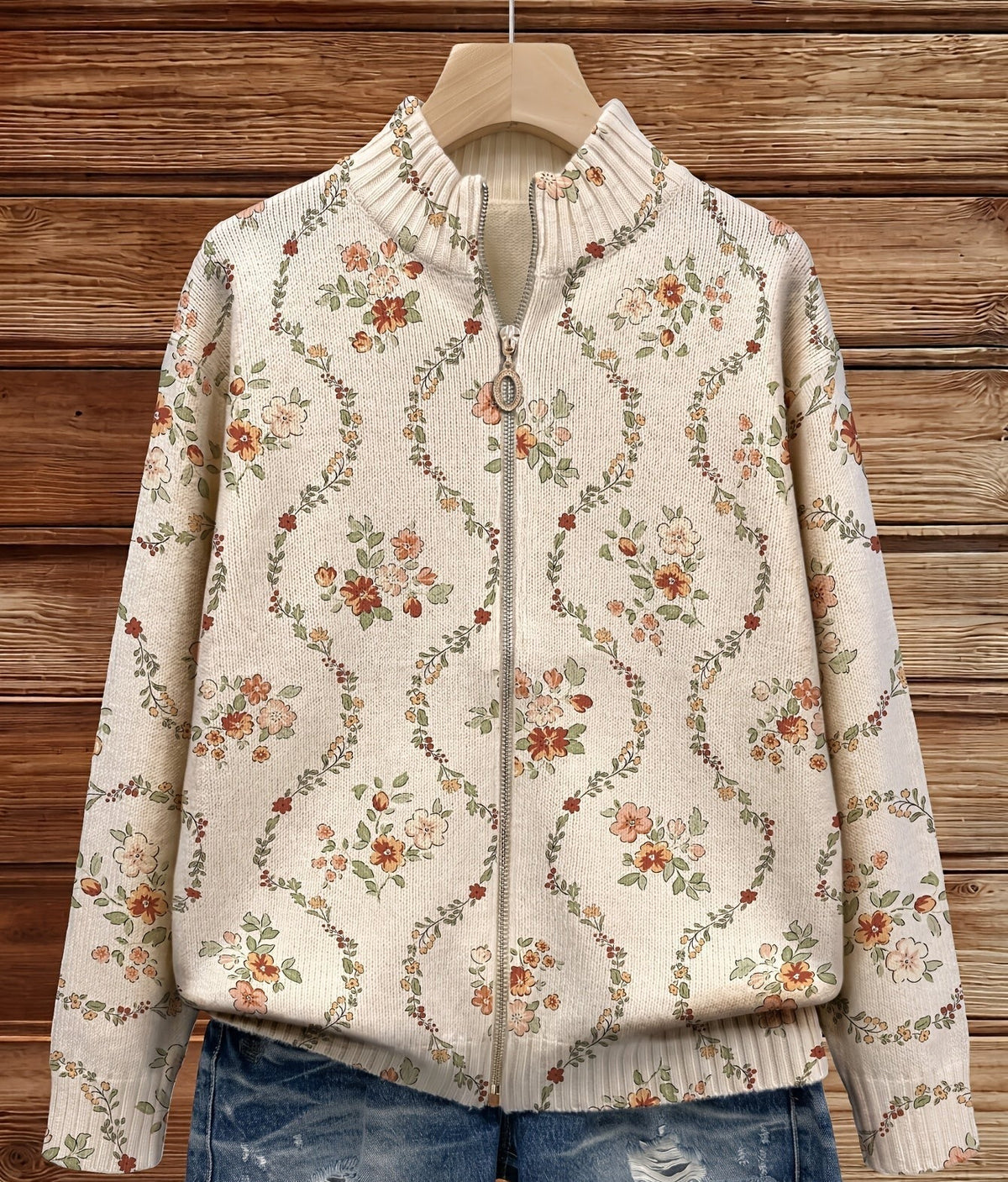 Joyce - Cream Floral Zip-Up Cardigan