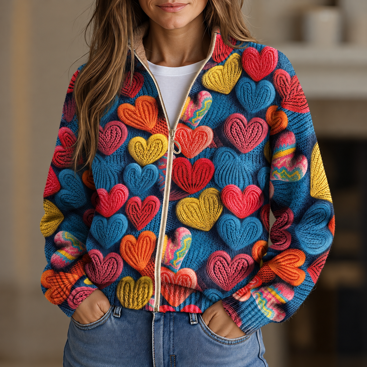 Dorothy - Multicoloured Heart Zip-Up Cardigan