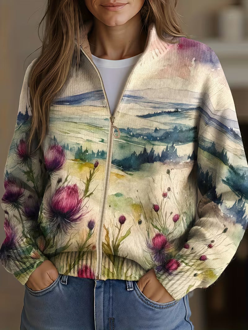 Harriet - Watercolour Thistle Zip-Up Cardigan
