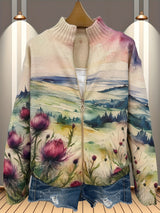 Harriet - Watercolour Thistle Zip-Up Cardigan
