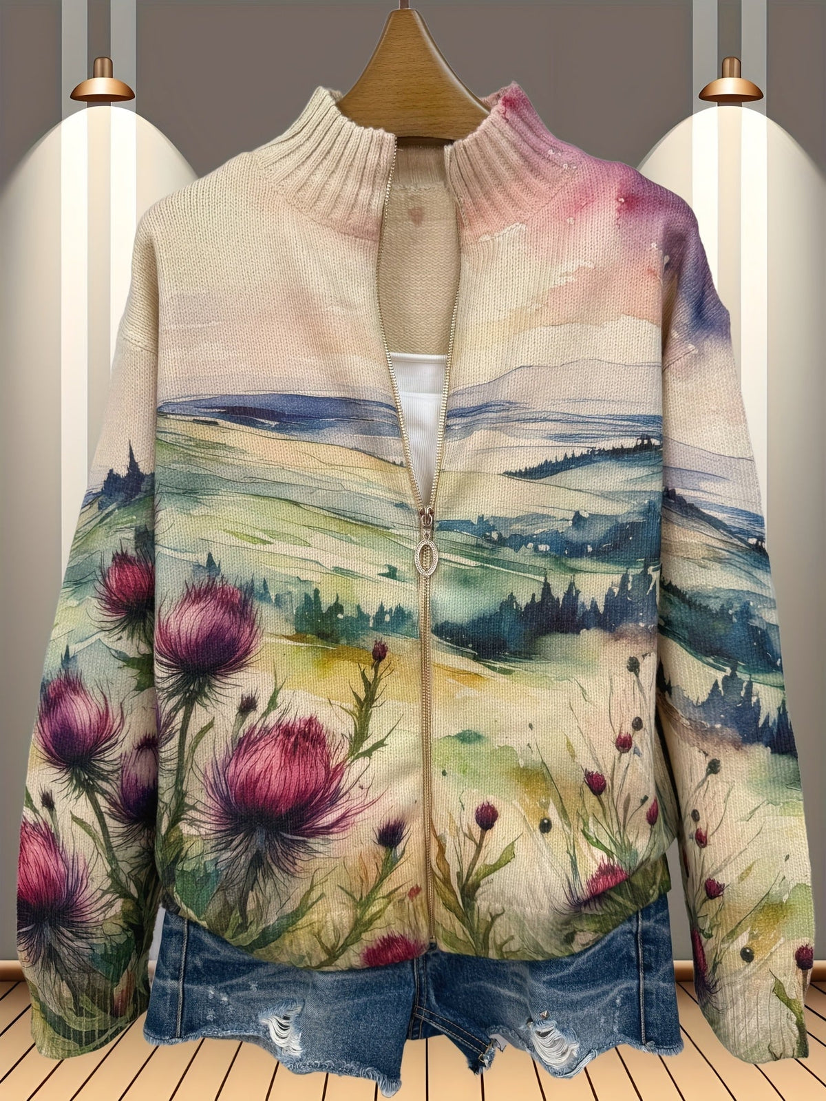 Harriet - Watercolour Thistle Zip-Up Cardigan