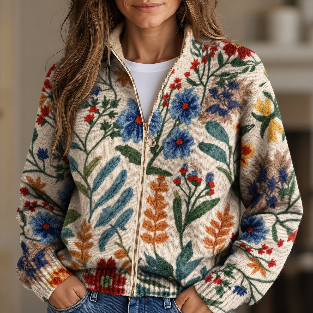 Evelyn - Botanical Garden Floral Zip-Up Cardigan