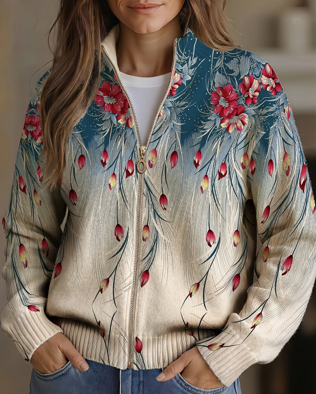 Beatrice - Gradient Peacock Feather Zip-Up Cardigan