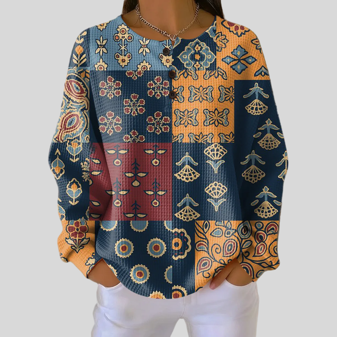 Angela - Navy Folk Patchwork Top