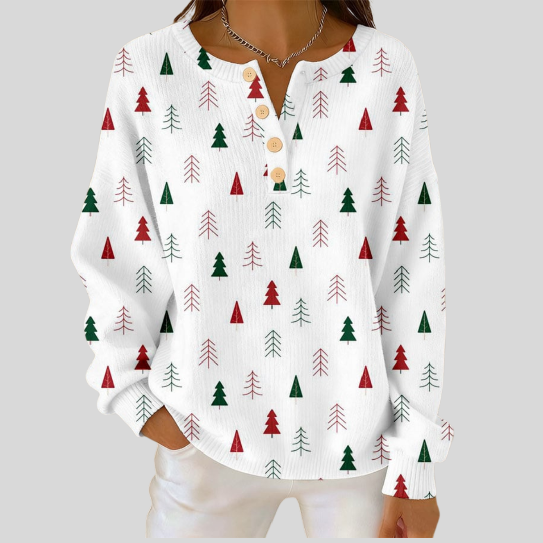 Bonnie - Red and Green Tree Print Top