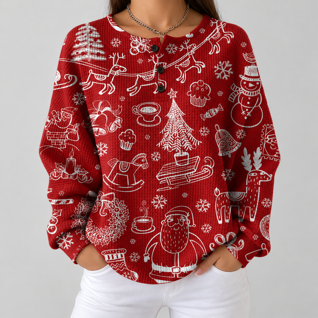 Caroline - Red Christmas Top with White Motifs