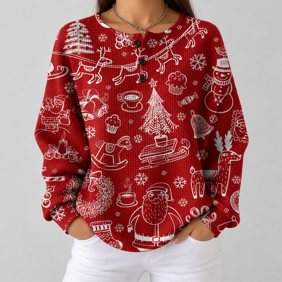 Caroline - Red Christmas Top with White Motifs