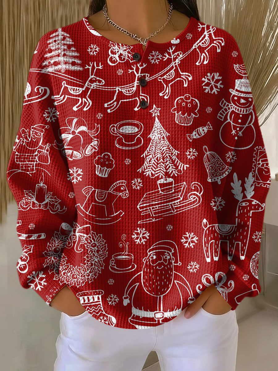 Caroline - Red Christmas Top with White Motifs
