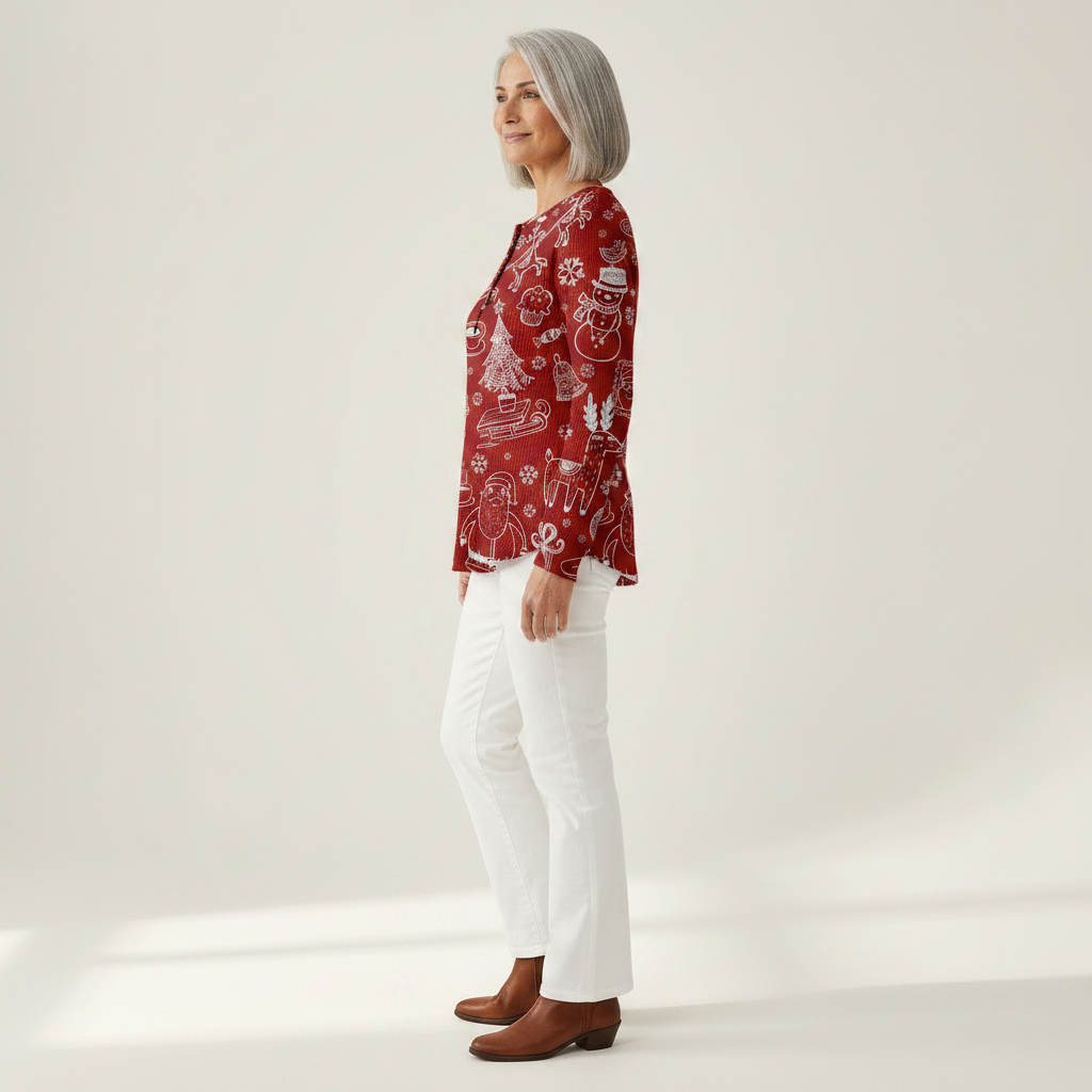 Caroline - Red Christmas Top with White Motifs
