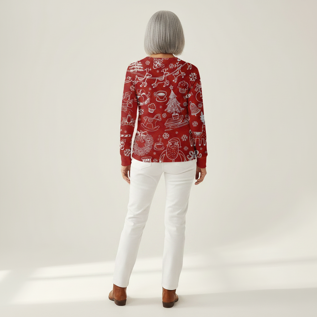 Caroline - Red Christmas Top with White Motifs