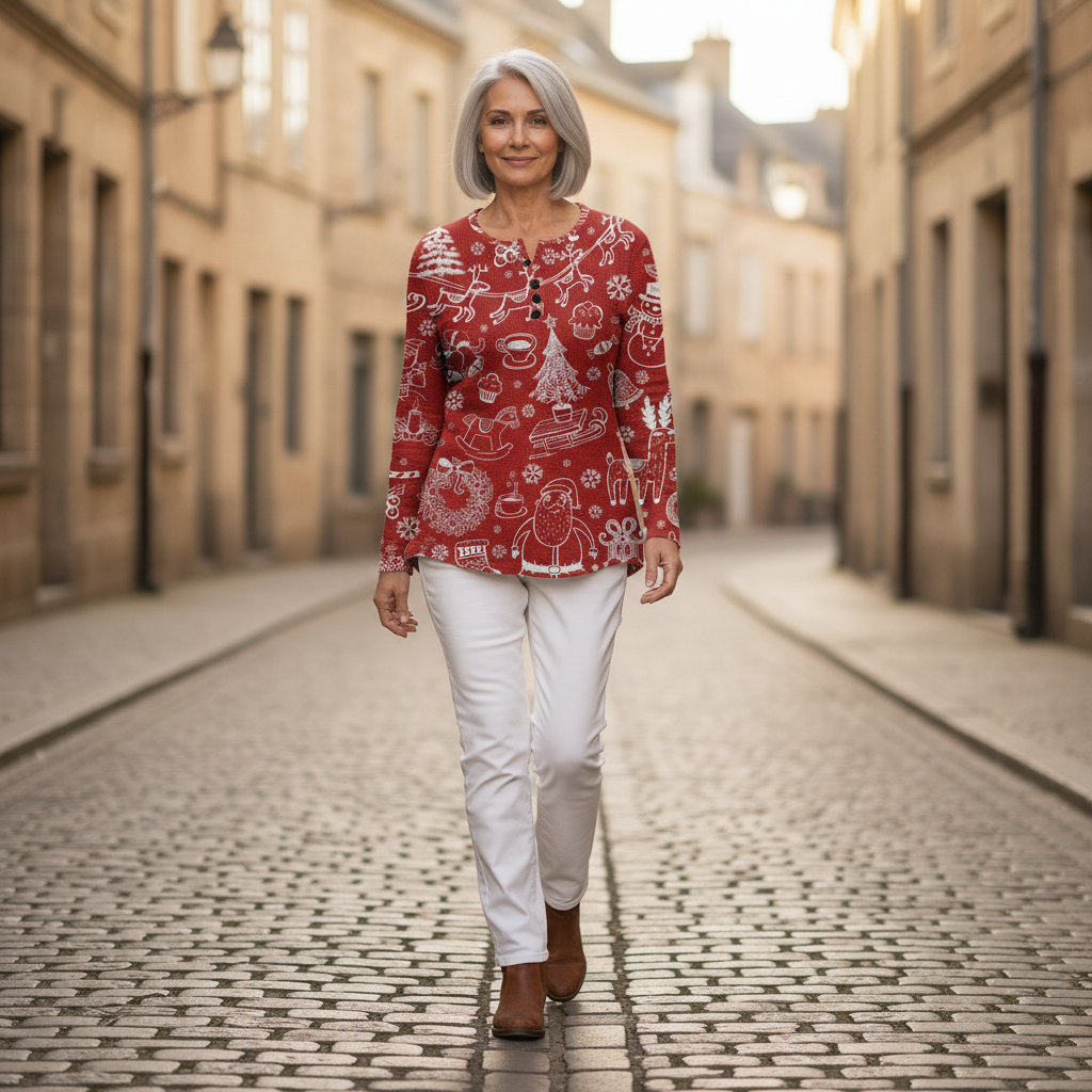 Caroline - Red Christmas Top with White Motifs