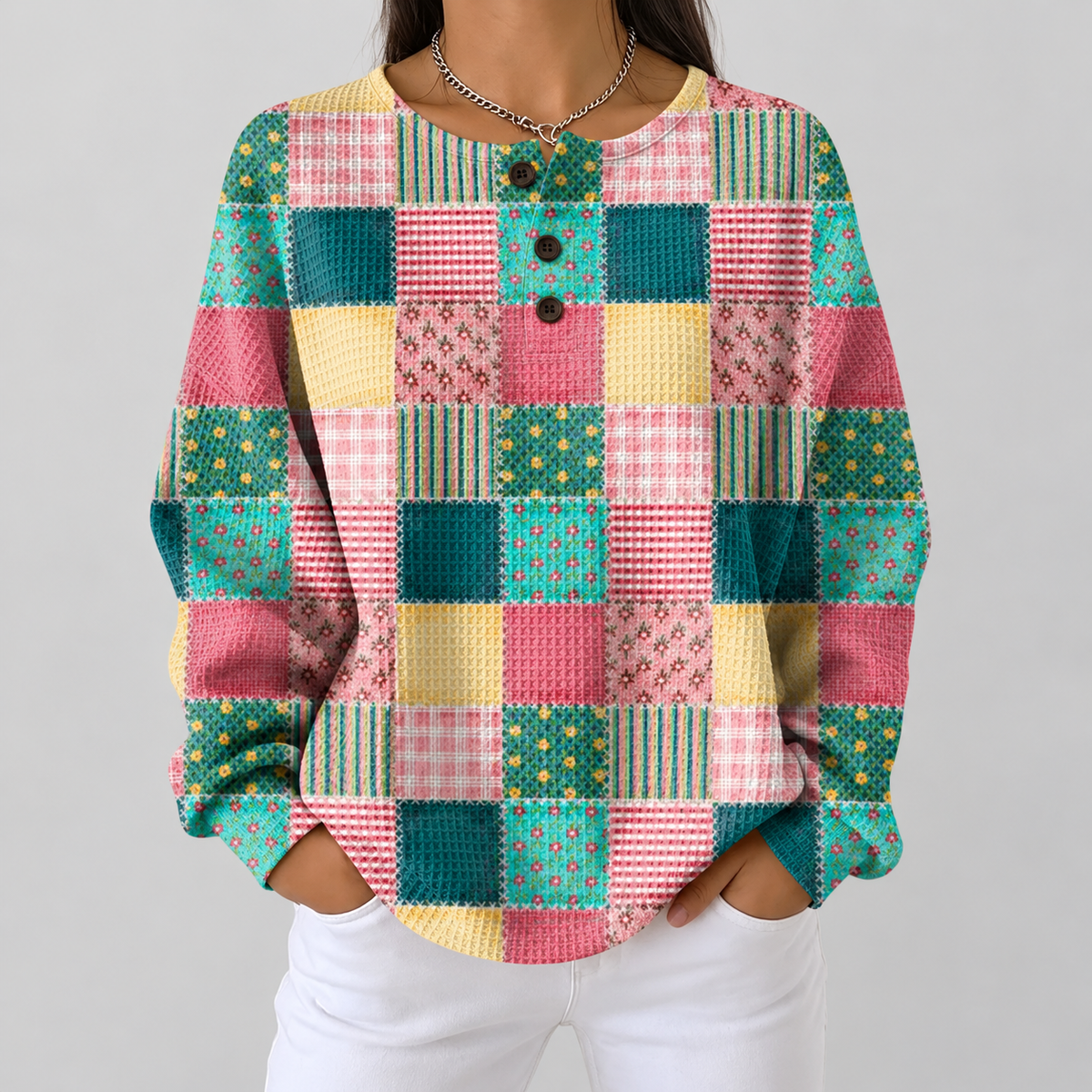 Ruth - Pink and Turquoise Patchwork Top