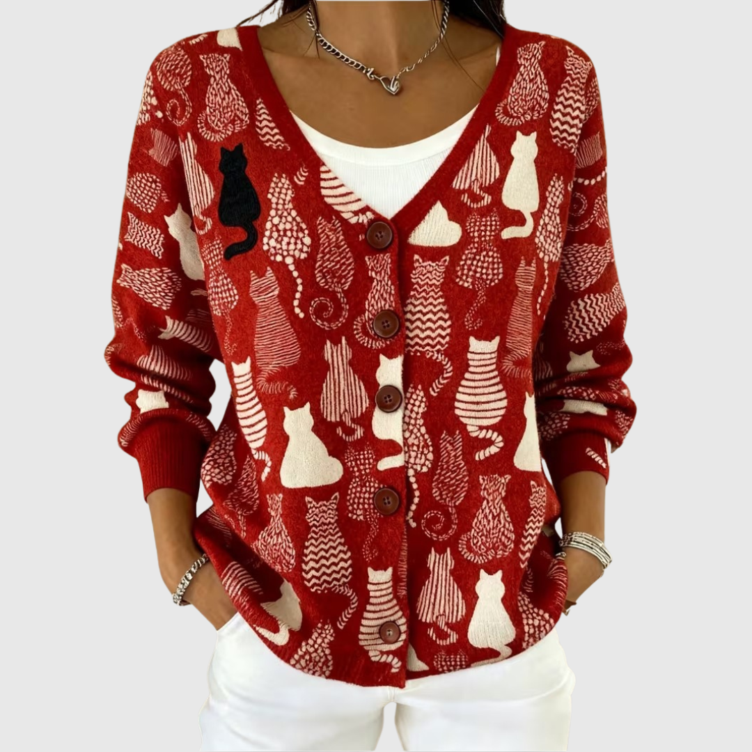Kendra - Red Cat Print Button-Front Cardigan