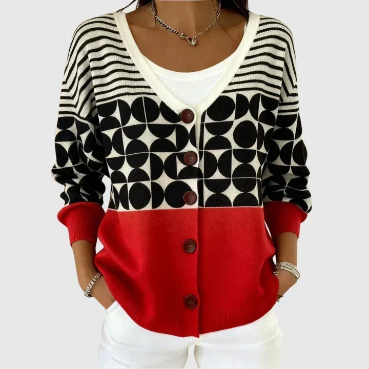 Jocelyn - Geometric Colour-Block Button-Front Cardigan