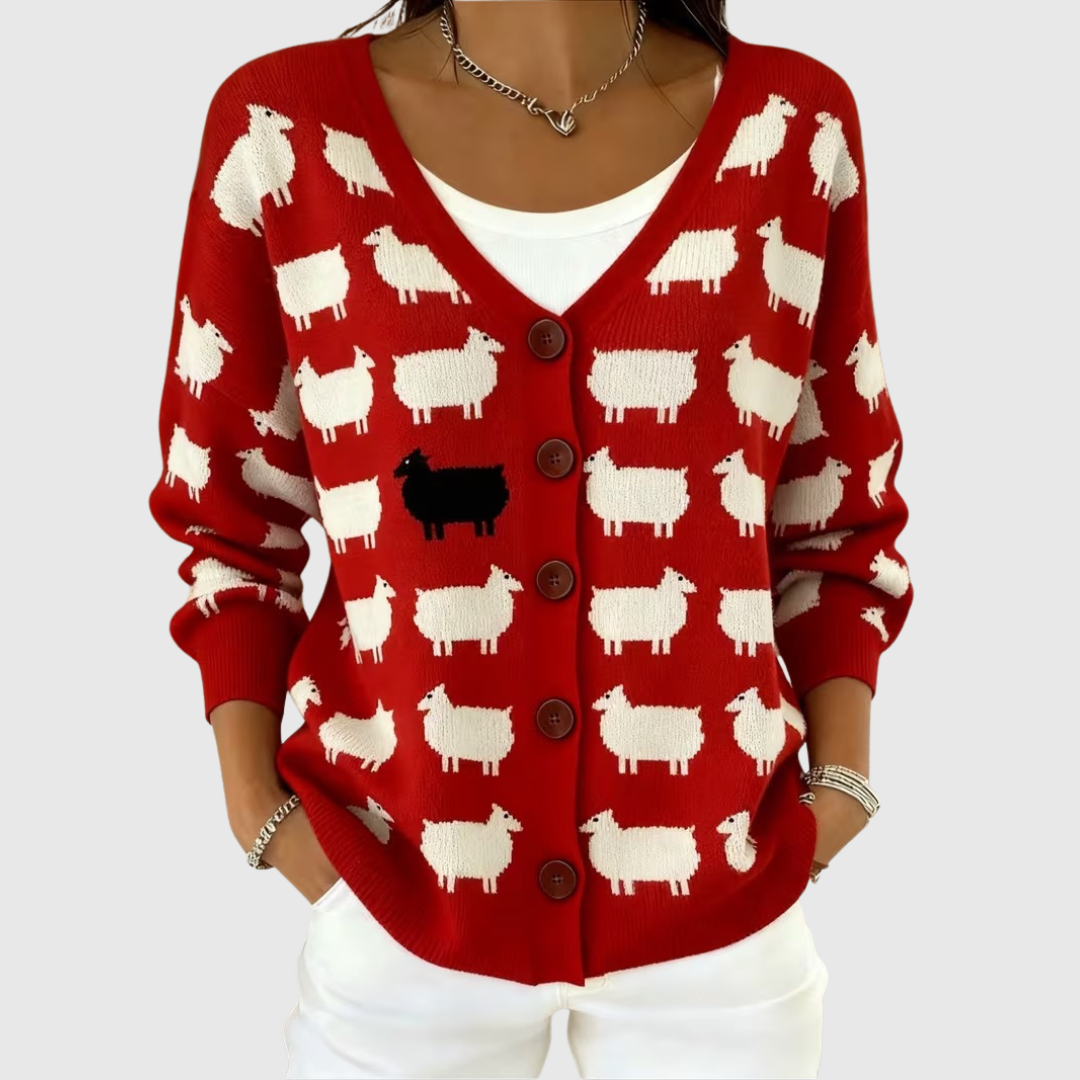 Irene - Red Sheep Print Button-Front Cardigan