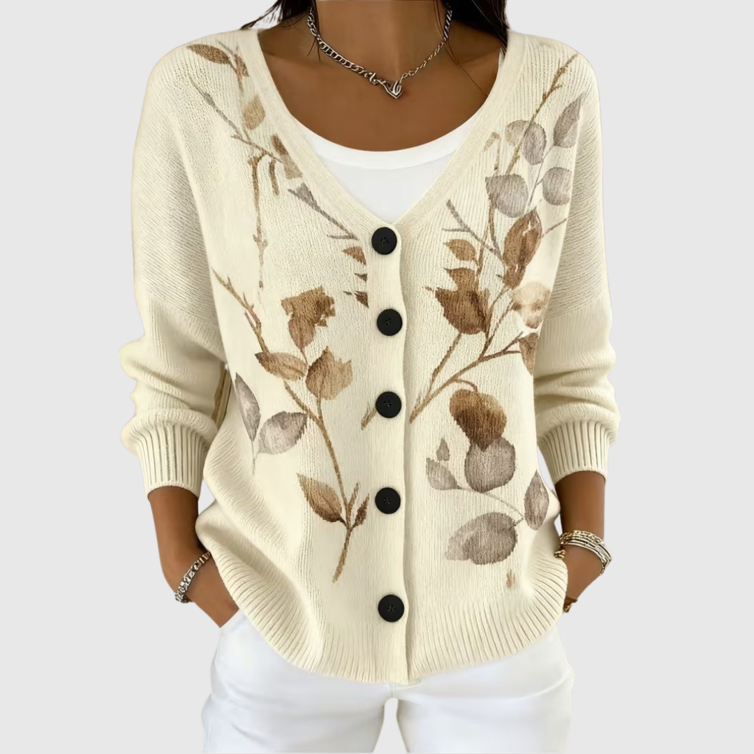 Harriet - Brown Botanical Button-Front Cardigan