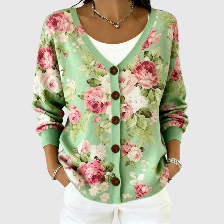 Eleanor - Sage Rose Print Button-Front Cardigan
