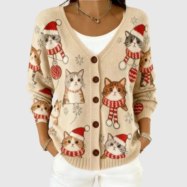 Aurora - Christmas Cat Button-Front Cardigan