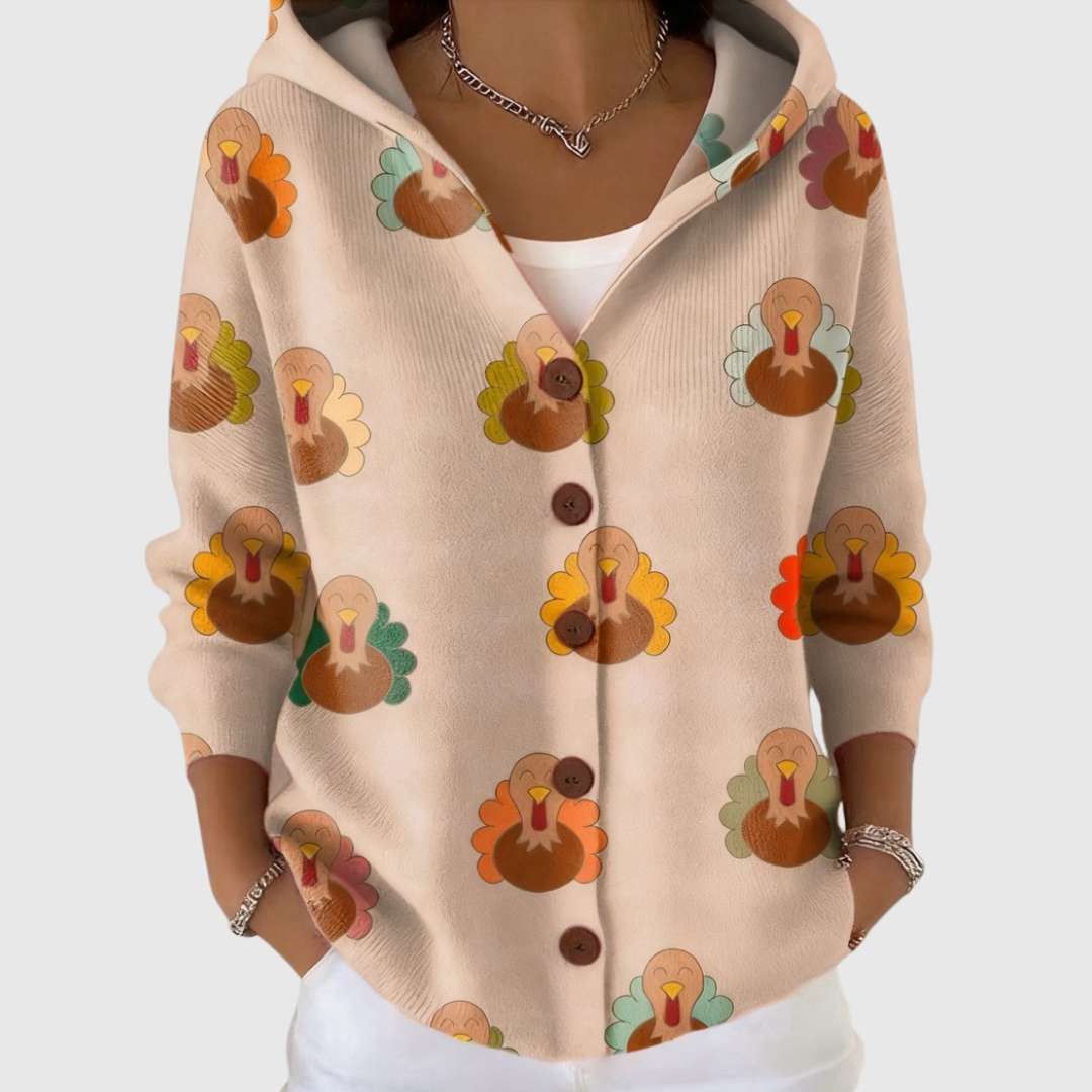Zoe - Blush Turkey Print Hooded Cardigan