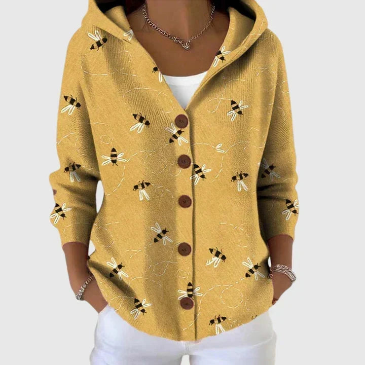 Paige - Mustard Bee Print Hooded Cardigan
