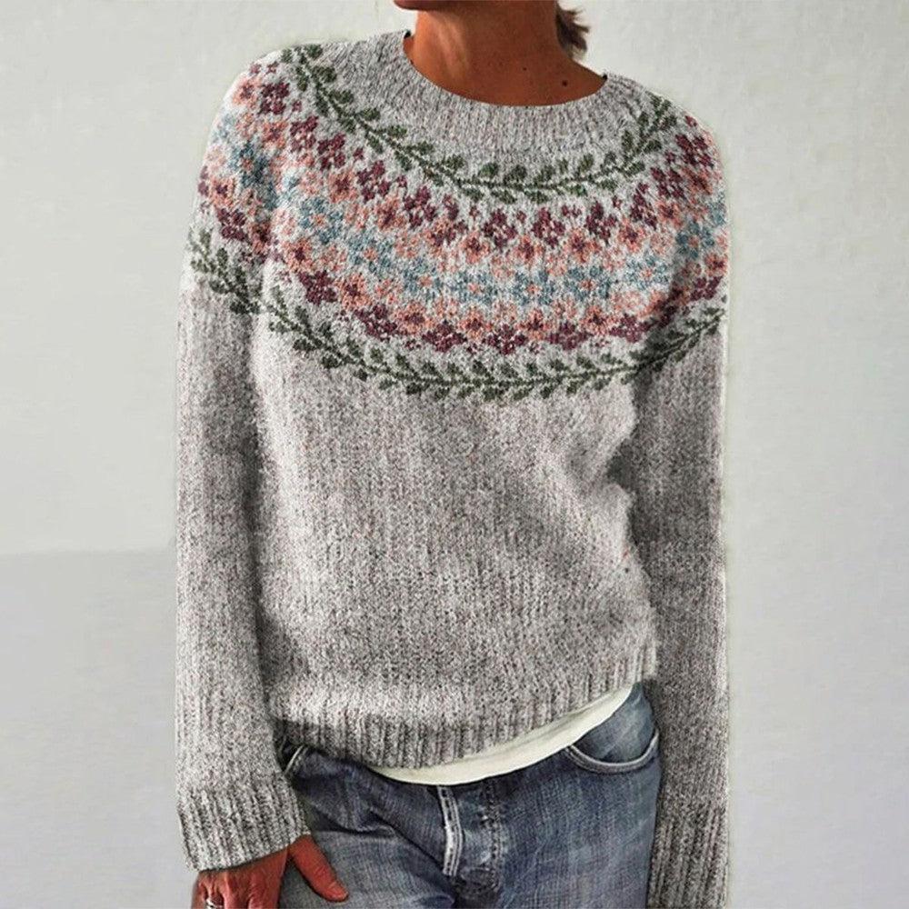 Louisa - Grey Vintage Sweater with Rose and Leaf Yoke