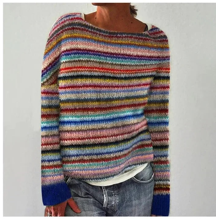 Opal - Vintage Sweater with Rainbow Bands and Navy Cuffs