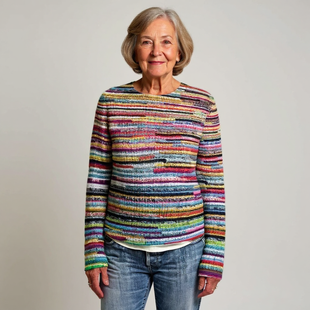 Opal - Vintage Sweater with Rainbow Bands and Navy Cuffs