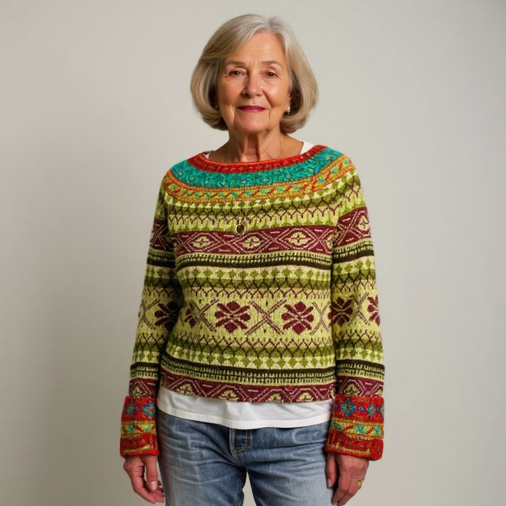Sandra - Lime Green Vintage Sweater with Multicoloured Pattern