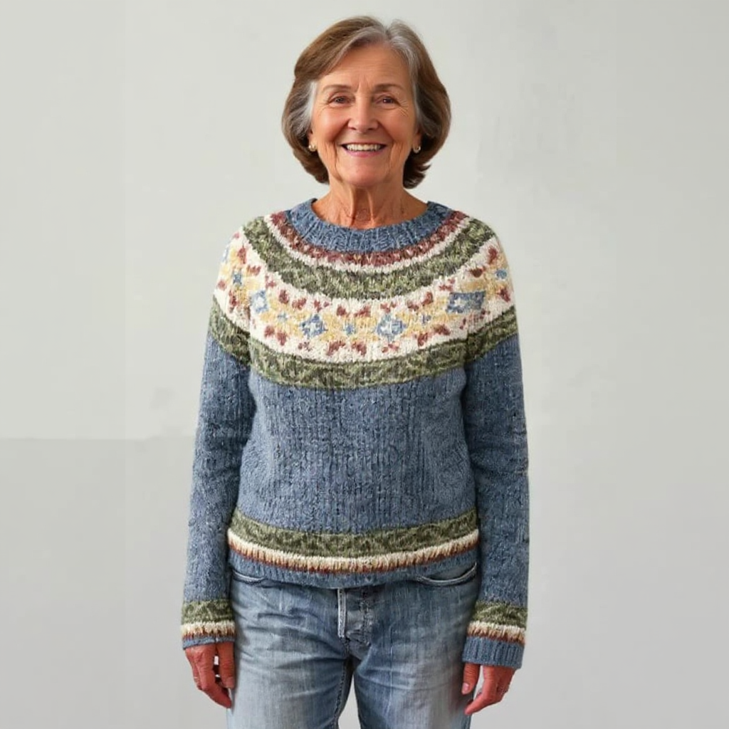 Lillian - Blue-Grey Vintage Sweater with Olive Floral Yoke