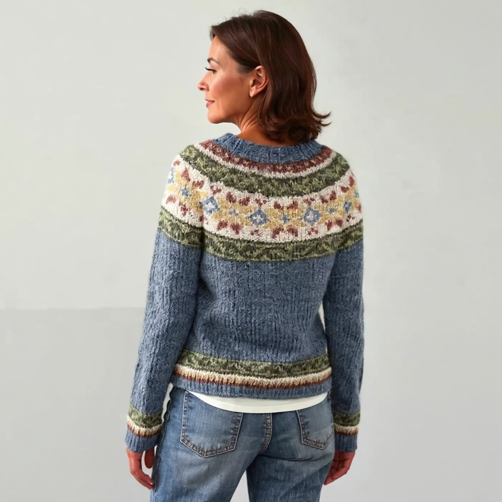 Lillian - Blue-Grey Vintage Sweater with Olive Floral Yoke