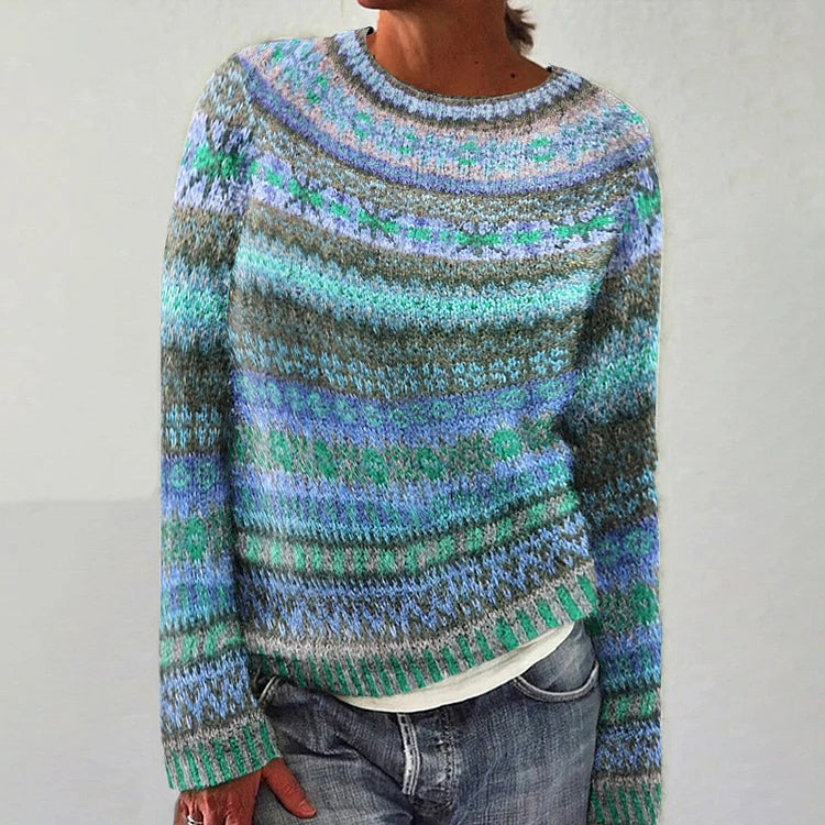 Felicity - Green and Blue Vintage Sweater with Marled Stripes