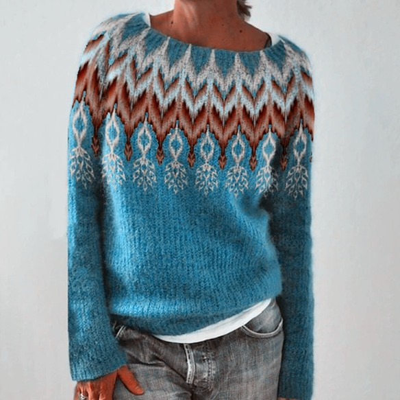 Fay - Teal Vintage Sweater with Rust Chevron Yoke