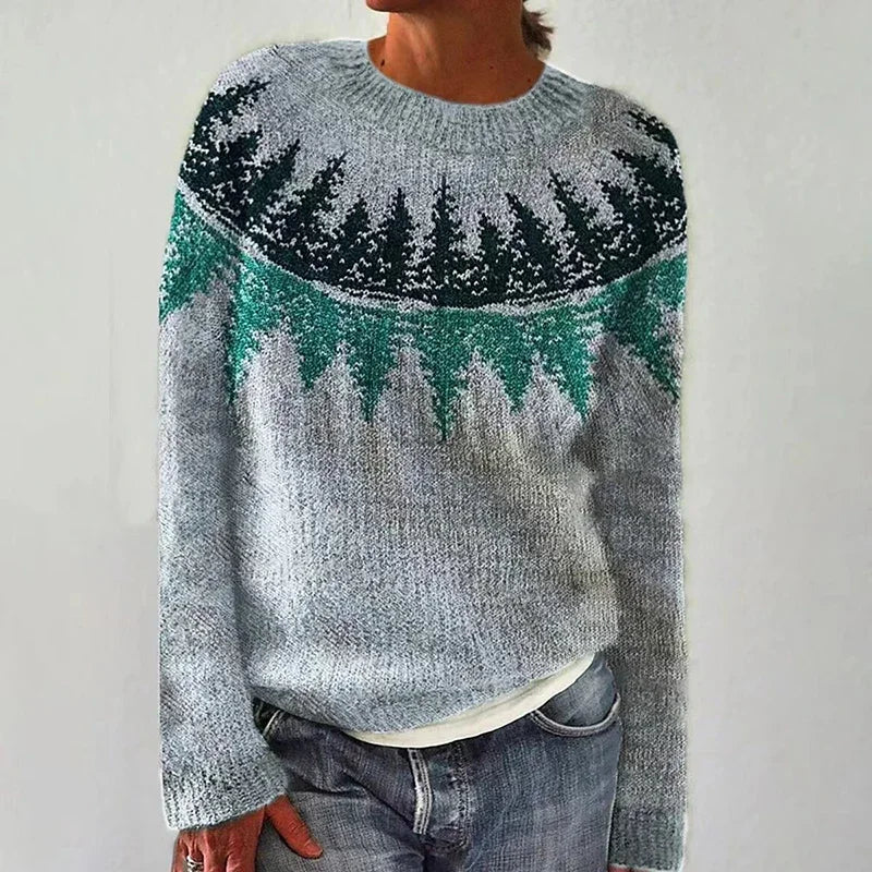 Cassandra - Grey Vintage Sweater with Green Fir Yoke