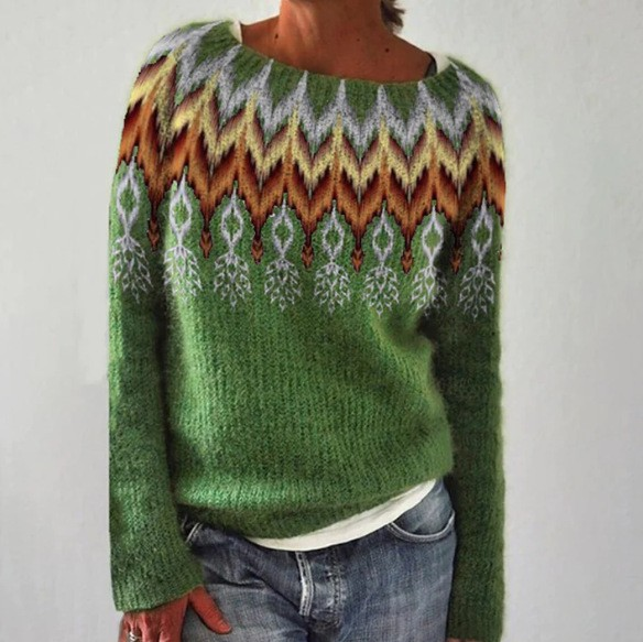 Matilda - Green Vintage Sweater with Orange Zigzag Yoke