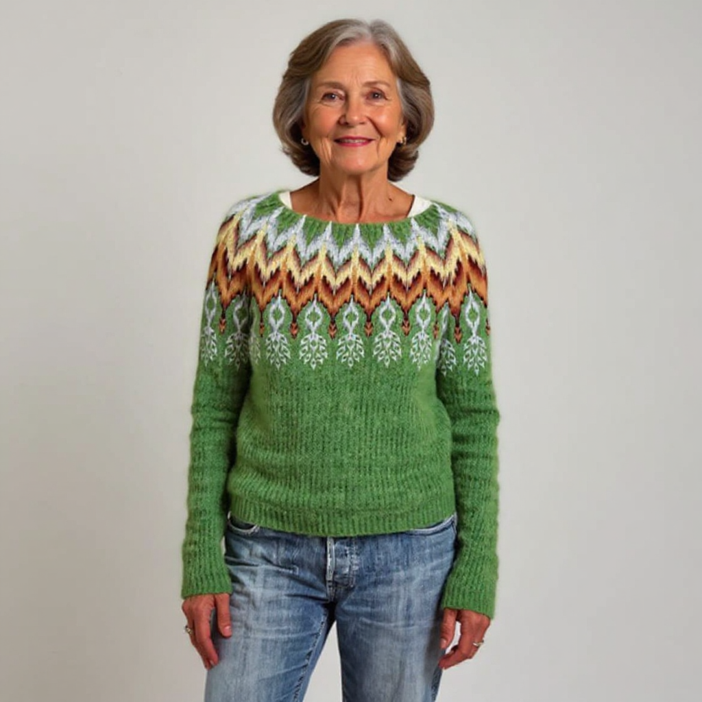 Matilda - Green Vintage Sweater with Orange Zigzag Yoke
