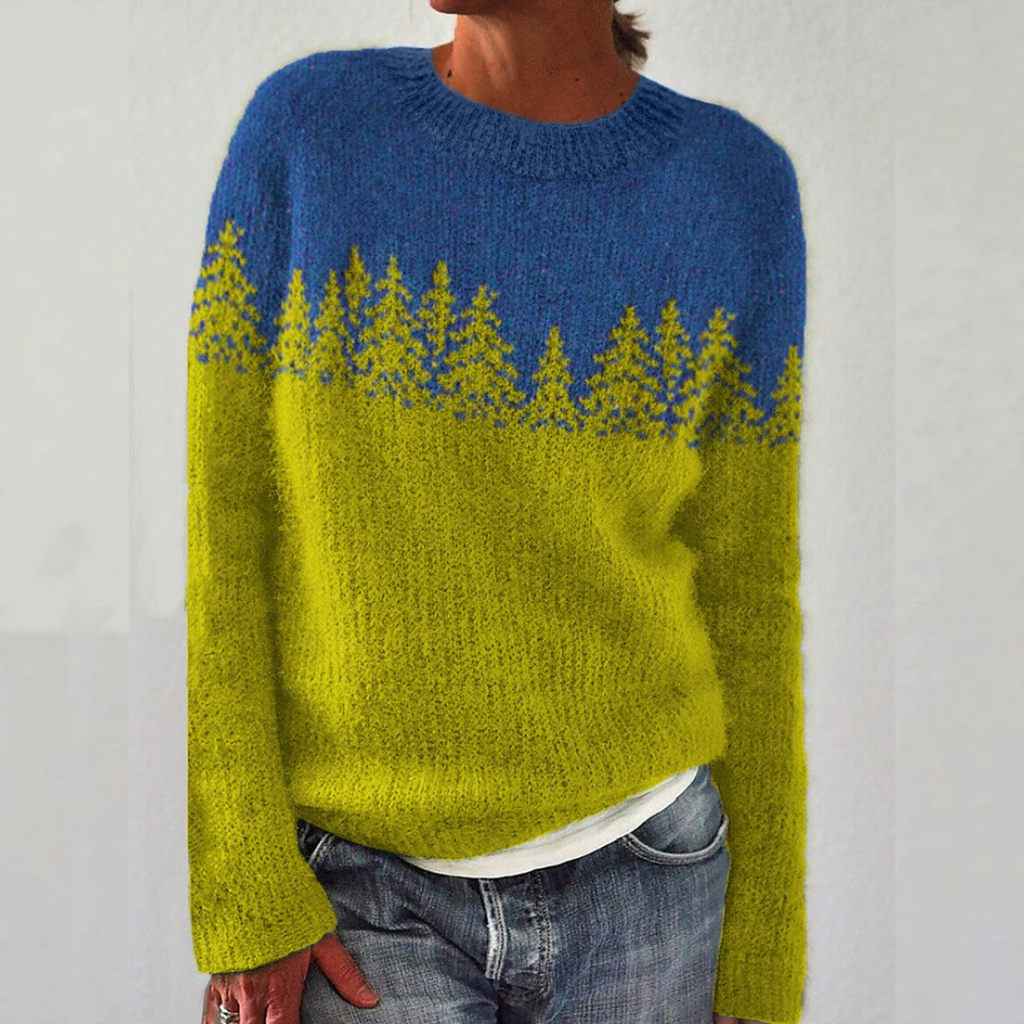 Angeline - Blue and Chartreuse Vintage Sweater with Fir Trees