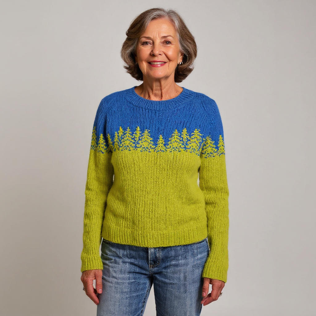Angeline - Blue and Chartreuse Vintage Sweater with Fir Trees