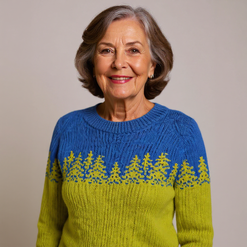 Angeline - Blue and Chartreuse Vintage Sweater with Fir Trees
