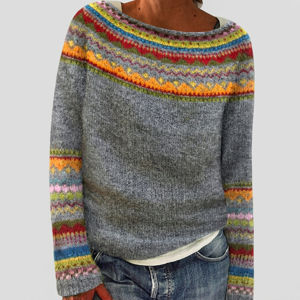 Selina - Grey Vintage Sweater with Multicoloured Yoke