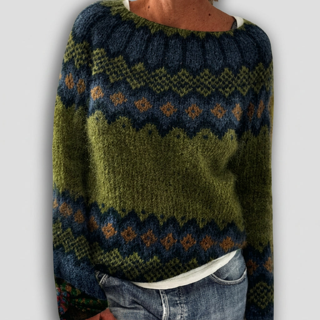 Romy - Olive Vintage Sweater with Nordic Bands