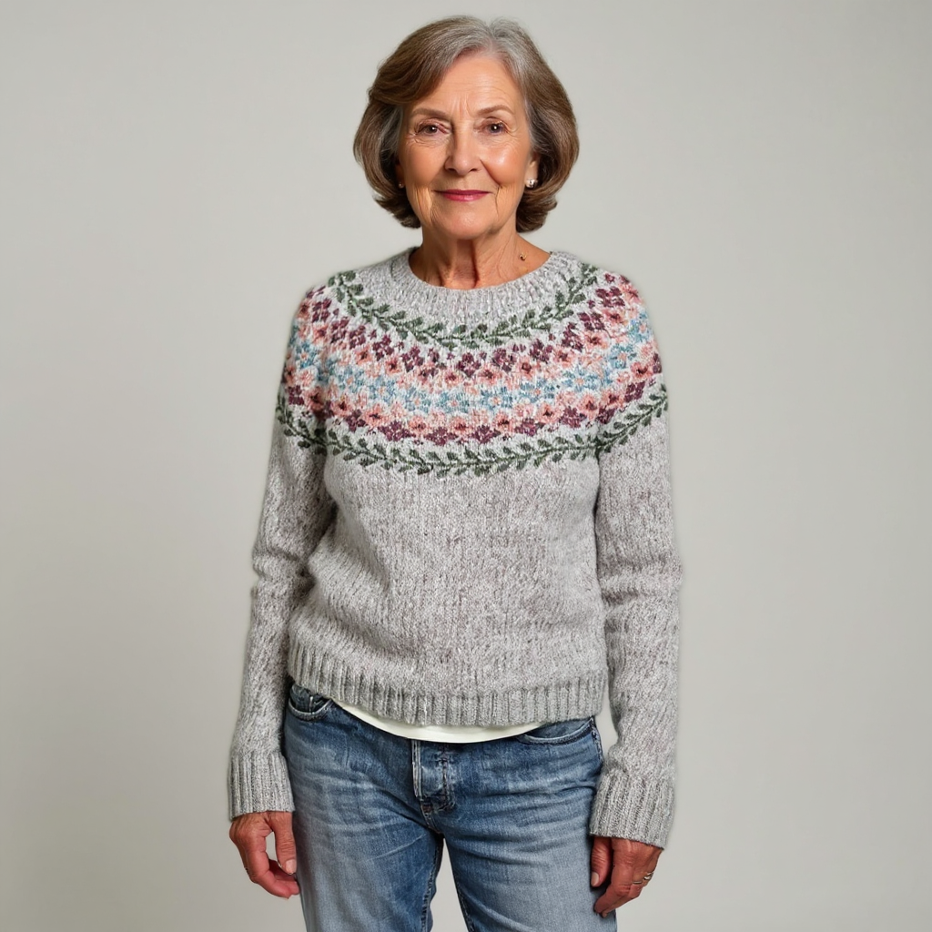 Adrienne - Grey Vintage Sweater with Floral Garland Yoke