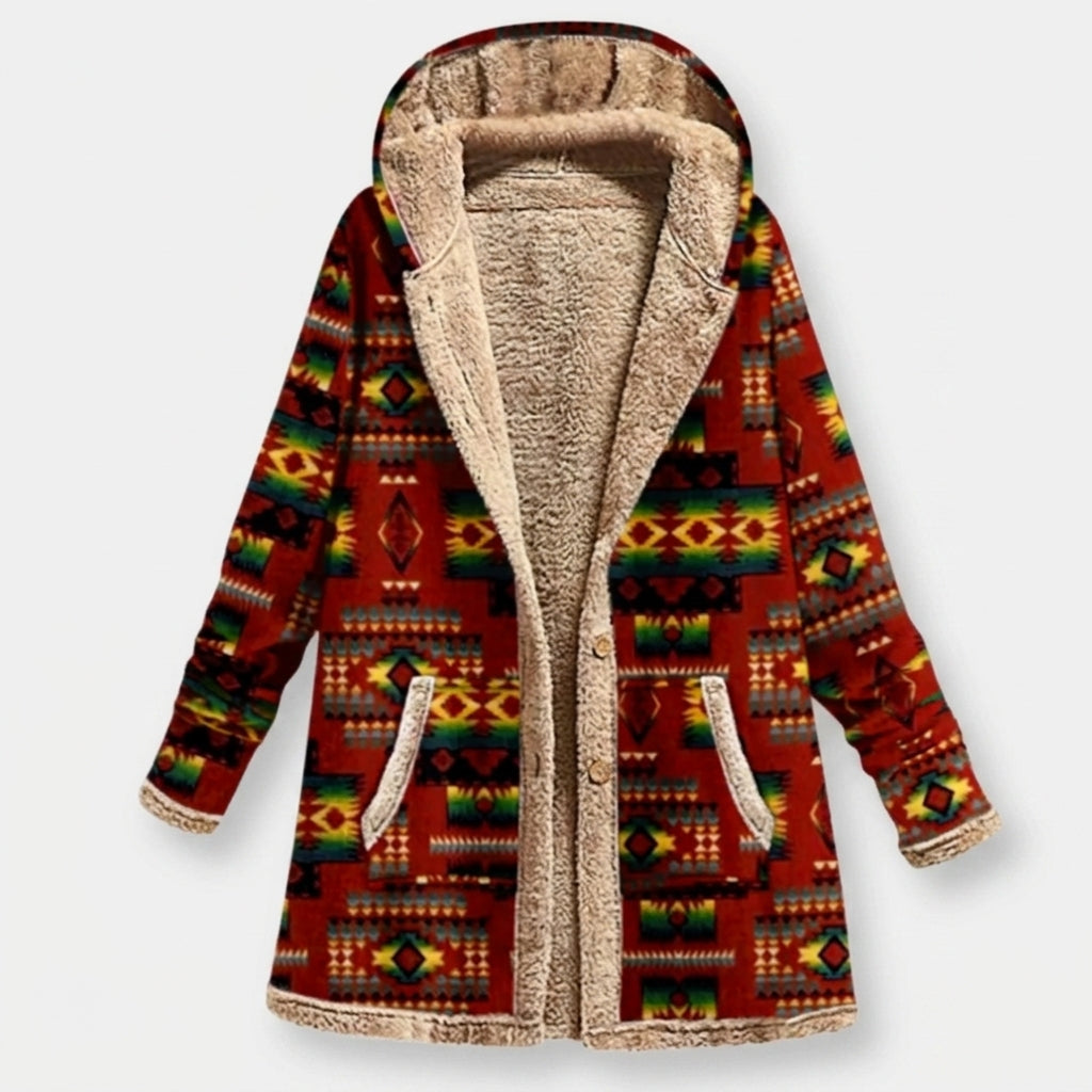 Vivienne - Red Aztec Print Fleece-Lined Coat
